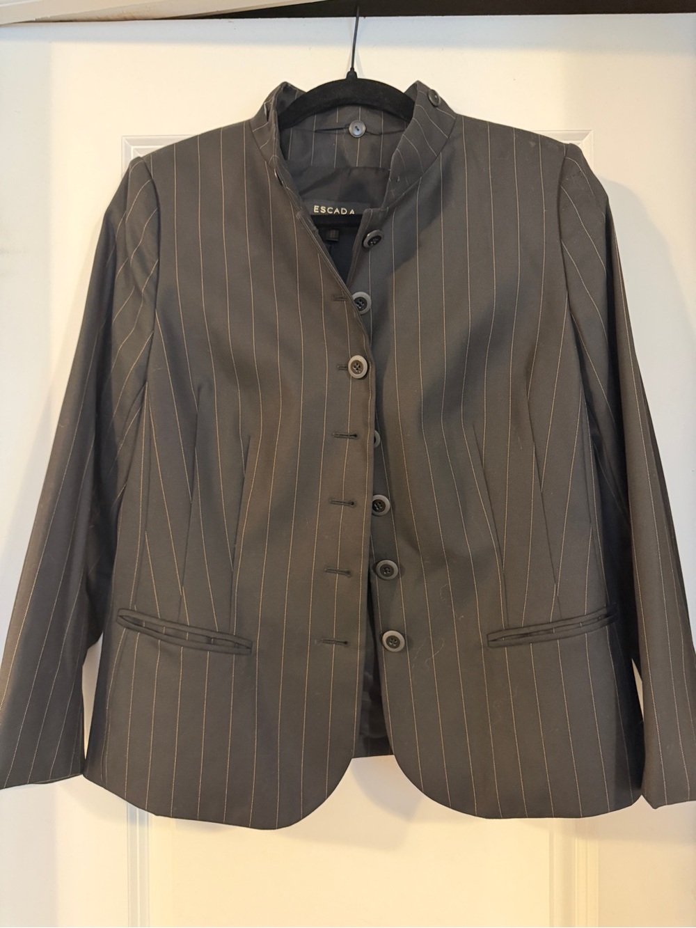 Escada Women’s Black Pinstripe Collarless Blazer
